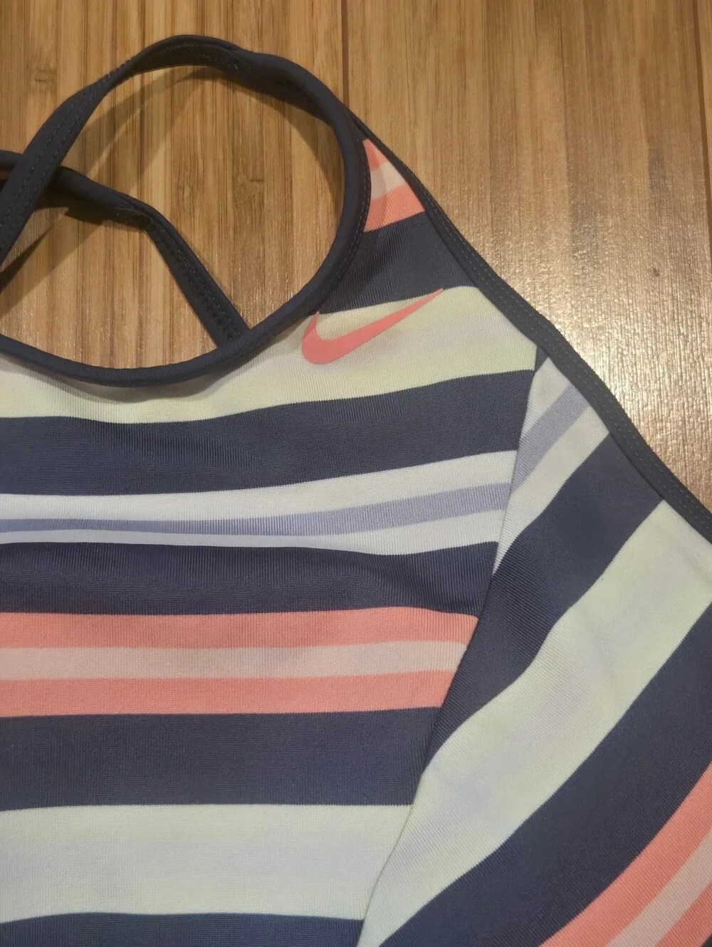 Nike Navy, Coral & White Striped High-Neck Bikini Set